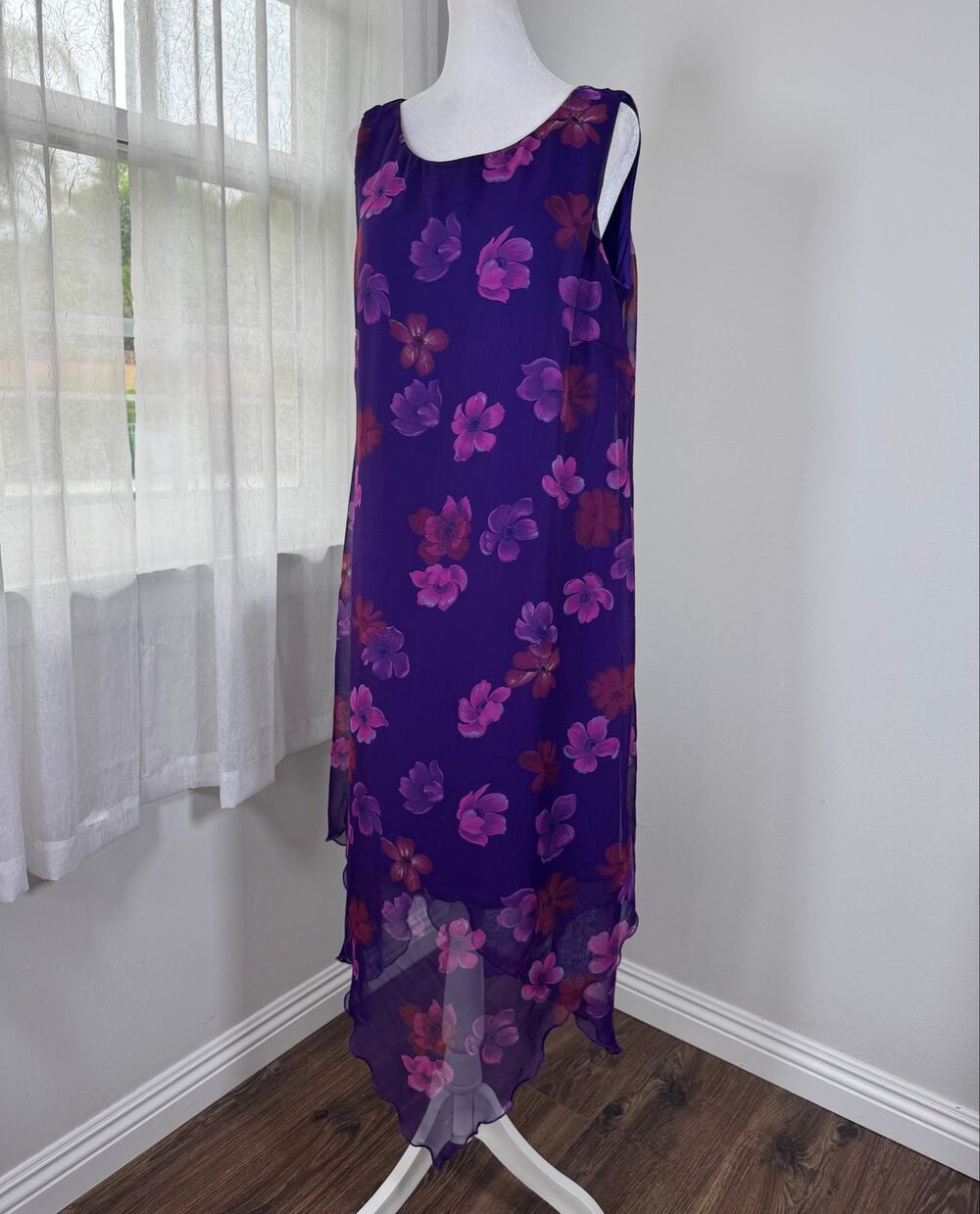 Vintage Y2K Believe Purple & Pink Floral Print Sleeveless High Low Midi Dress